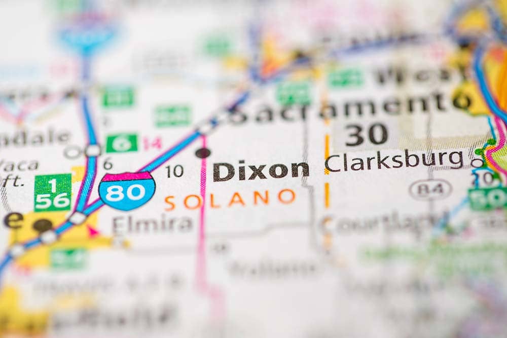 A close-up view of a map focused on Dixon, California.
