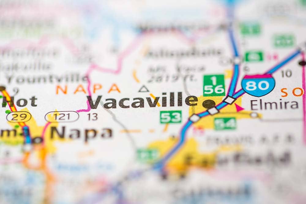 A close-up view of a map focused on Vacaville, California.