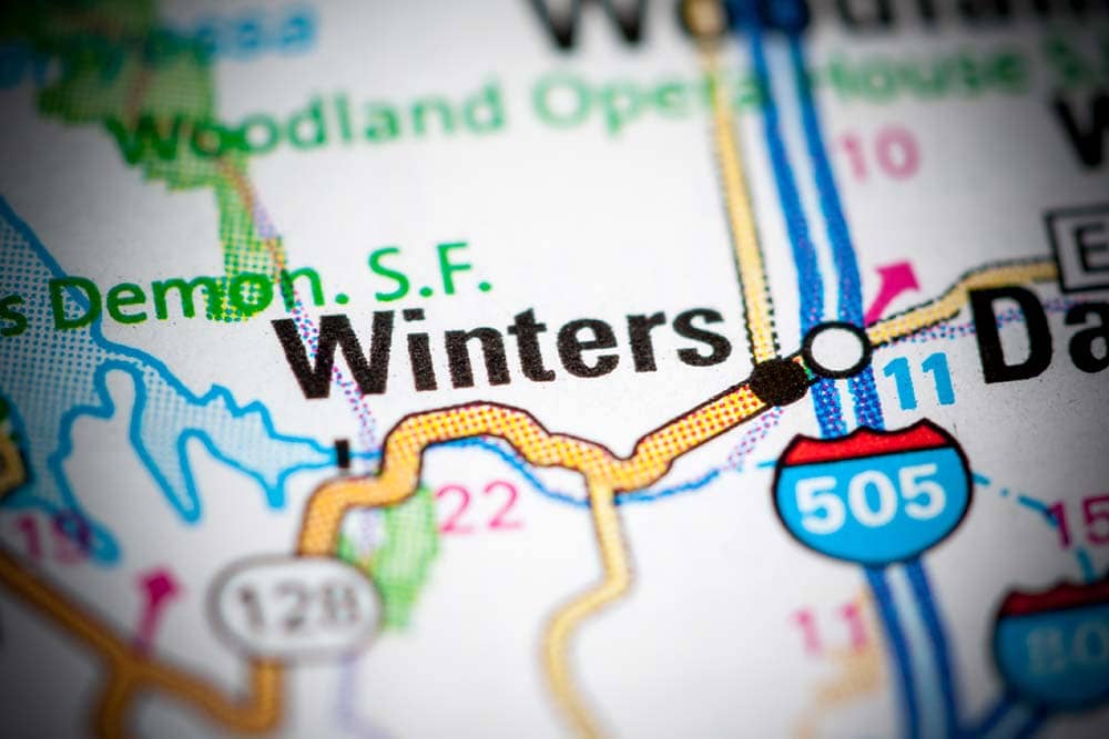 A close-up view of a map focused on Winters, California.