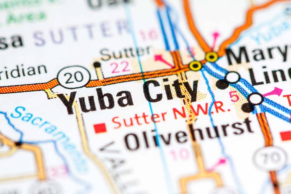 A close-up view of a map focused on Yuba City, California.