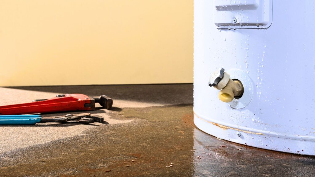 Floor view of a white water heater leaking with two wrenches lying on the ground.