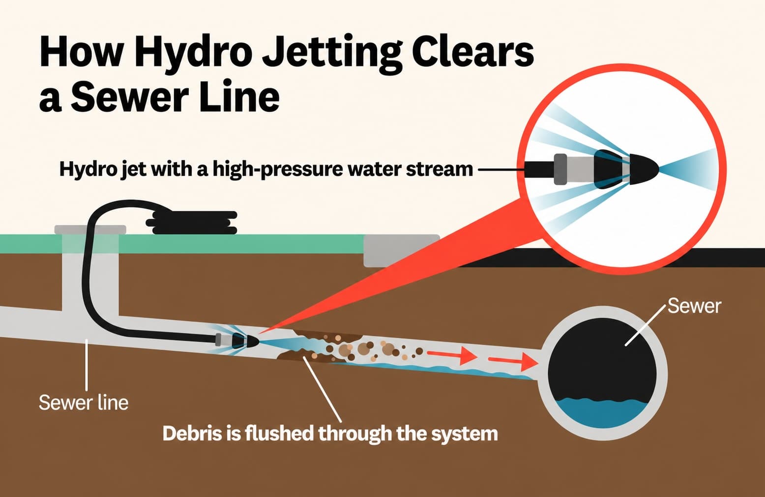 Hydro jet diagram showing how high-pressure water clears a sewer line