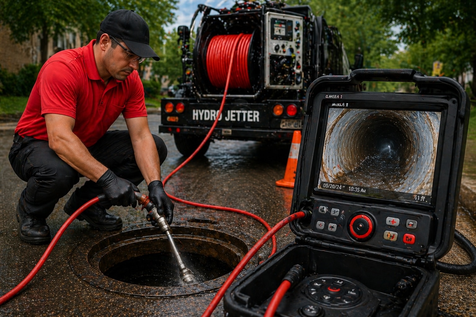 Plumbing Doctor technician operating a hydro jetter truck and inspection camera monitor