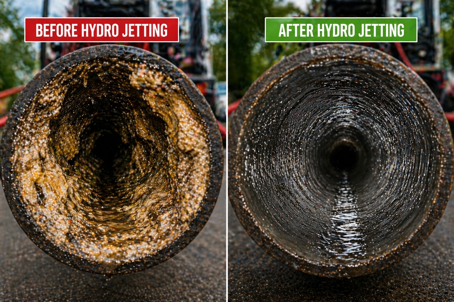 Before and after hydro jetting comparison showing a clogged pipe cleaned to like-new condition
